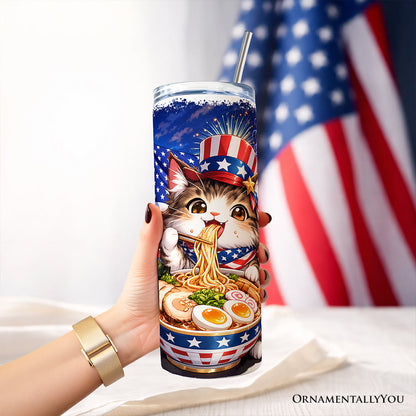 Kawaii Patriotic Ramen Maine Coon Cat 20oz Personalized Tumbler With Lid and Stainless Steel Straw, Japanese Anime Gift Cup