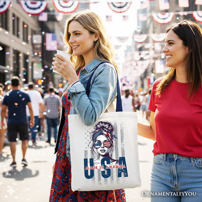 Made in America Messy Bun Tote Bag, Retro 4th of July White Patriotic Gift Shopper