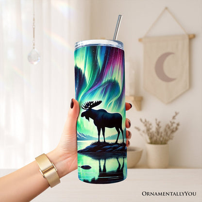 Majestic Moose Under Northern Lights 20oz Personalized Tumbler With Lid and Stainless Steel Straw, Enchanted Christmas Gift Cup