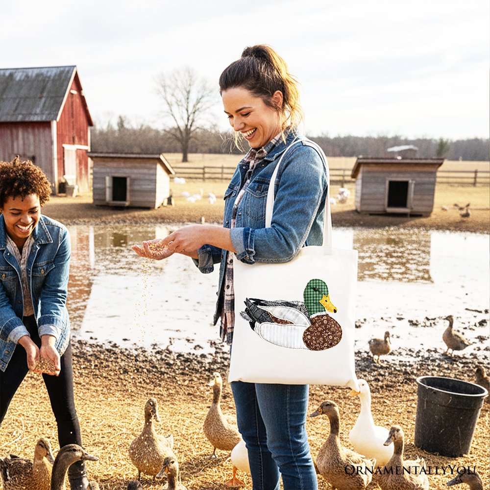 Mallard Duck Printed Faux Patchwork Tote Bag, Hunting Outdoors Gift Shopper