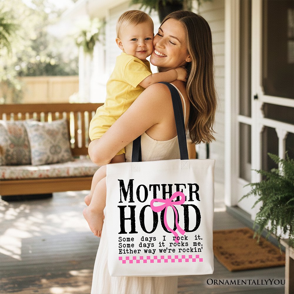 Motherhood Coquette Pink Bow Tote Bag, Retro Checkered Gift Shopper
