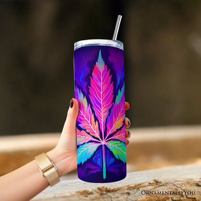 Neon Cannabis Leaf 20oz Personalized Tumbler With Lid and Stainless Steel Straw, Psychedelic Weed Aesthetic Gift Cup