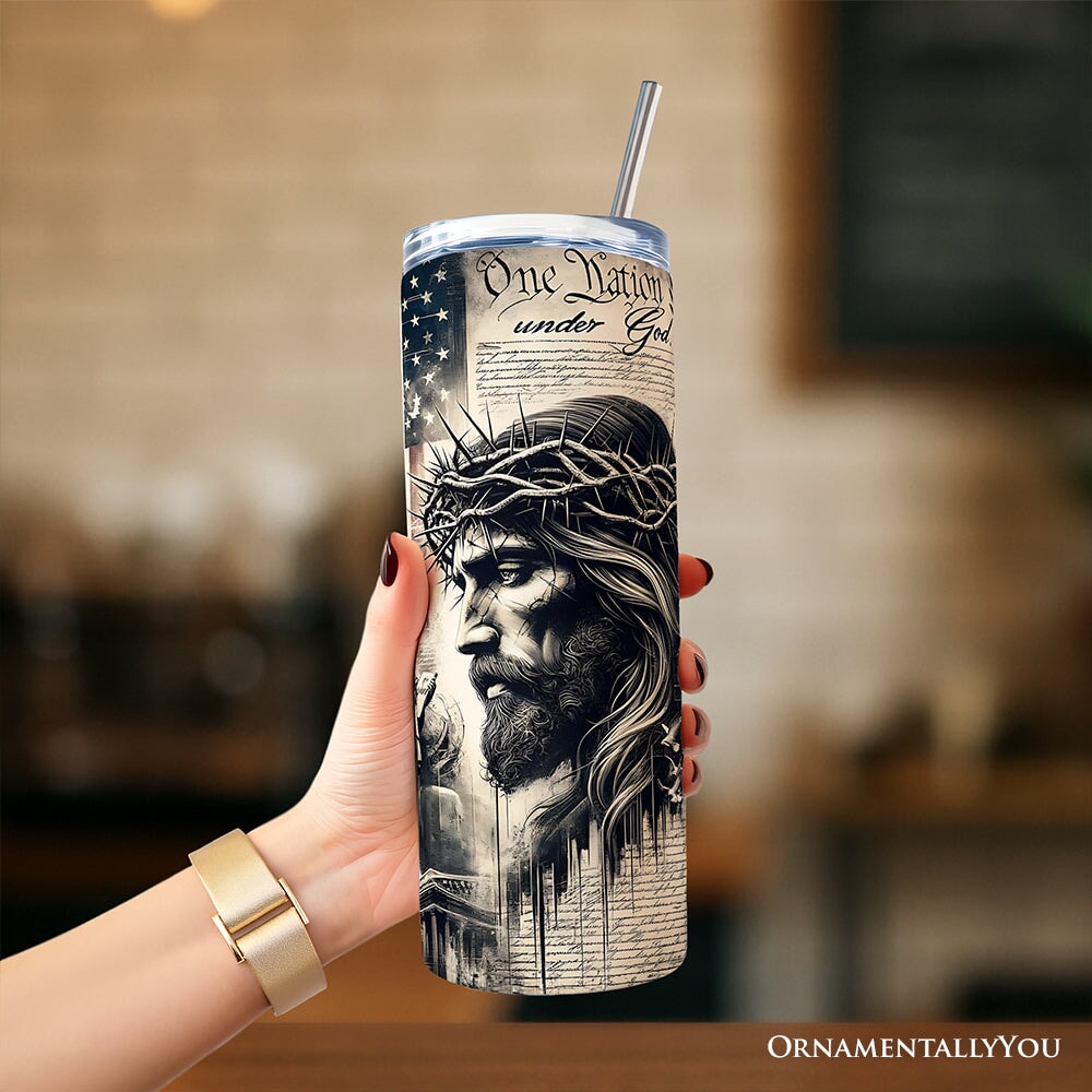 Patriotic Christian 20oz Personalized Tumbler With Lid and Stainless Steel Straw, One Nation Under God Gift Cup