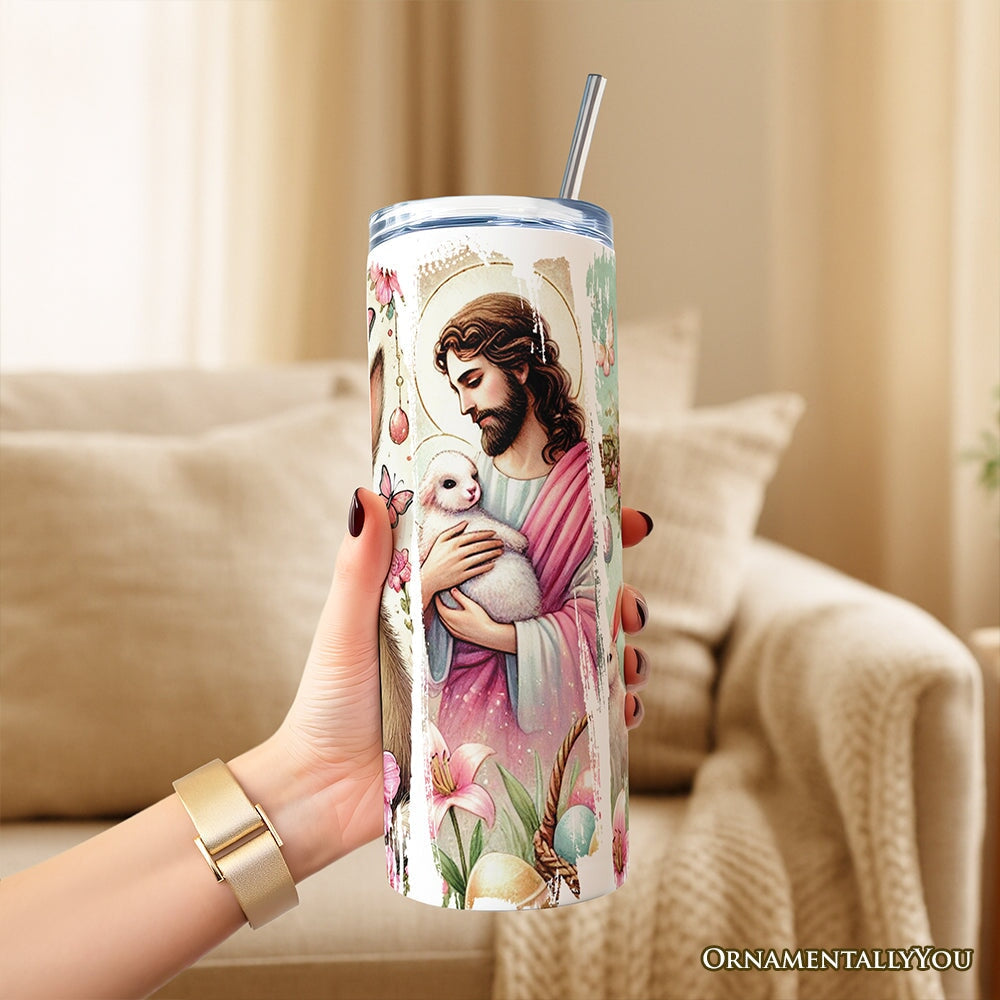 Pink Jesus and Bunny 20oz Personalized Tumbler With Lid and Stainless Steel Straw, Easter Brushstrokes Spring Gift Cup