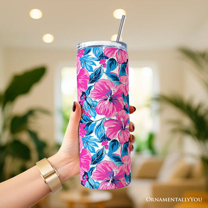 Pink and Blue Hibiscus Flowers 20oz Personalized Tumbler With Lid and Stainless Steel Straw, Vibrant Summer Floral Gift Cup