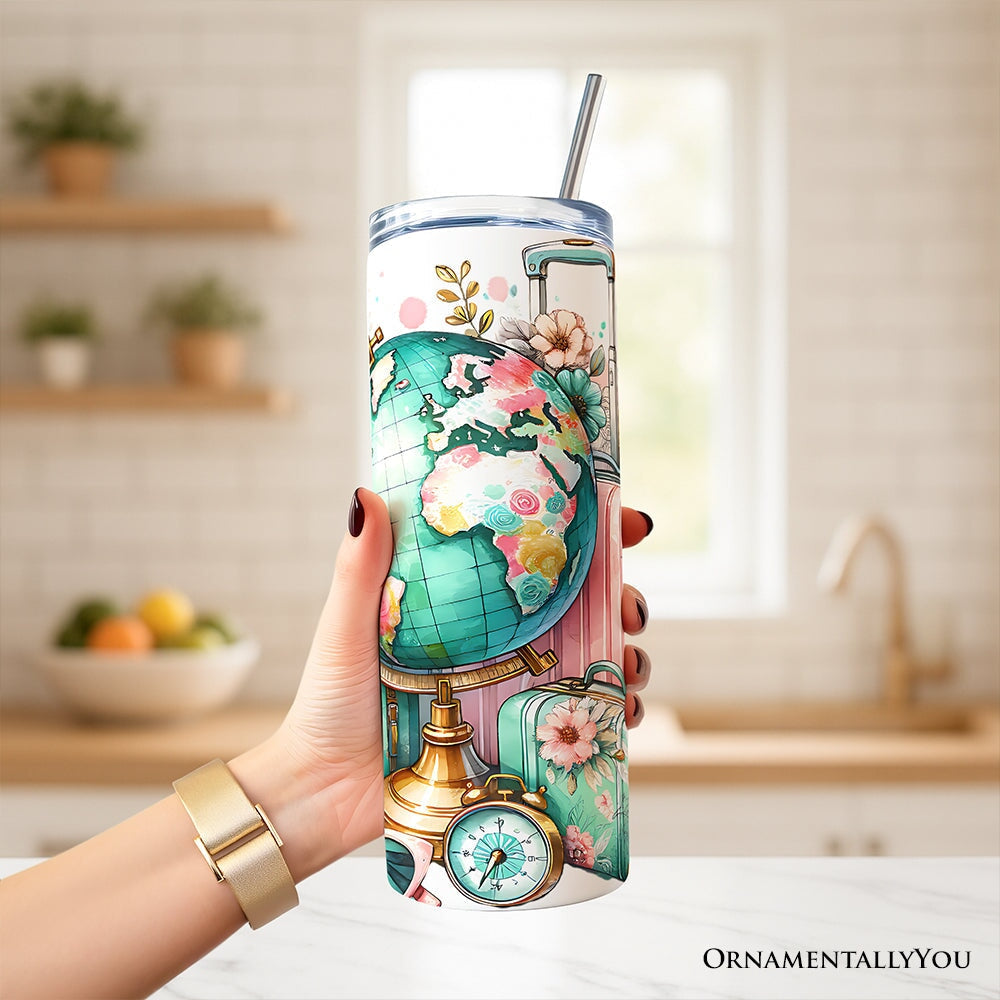 Pink and Teal Wanderlust Girl 20oz Personalized Tumbler With Lid and Stainless Steel Straw, Floral Traveler Adventurer Gift Cup