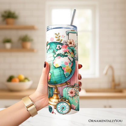 Pink and Teal Wanderlust Girl 20oz Personalized Tumbler With Lid and Stainless Steel Straw, Floral Traveler Adventurer Gift Cup