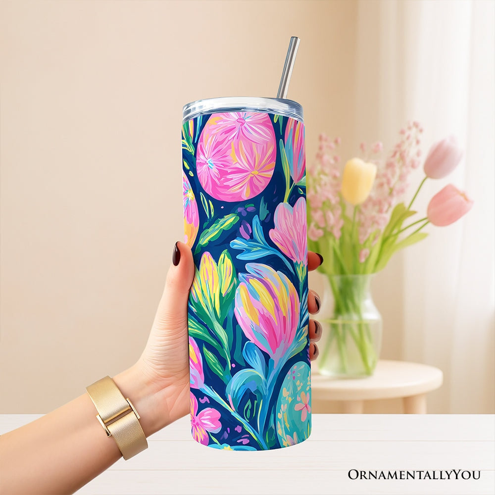 Preppy Painted Eggs 20oz Personalized Tumbler With Lid and Stainless Steel Straw, Spring Floral Easter Gift Cup