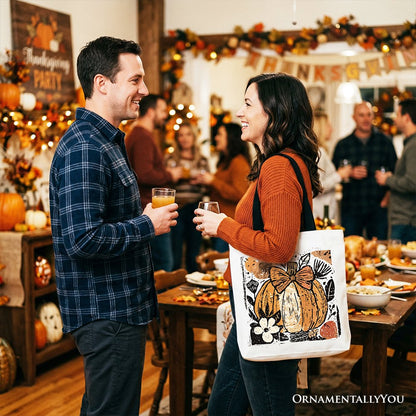 Pumpkin Fall Floral Tote Bag, Thanksgiving Coquette Bow Gift Shopper