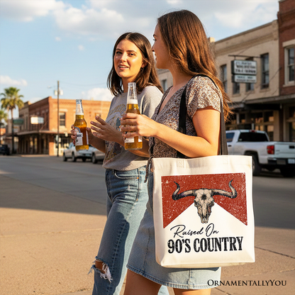 Raised On 90s Country Tote Bag, Vintage Bull Skull Gift Shopper