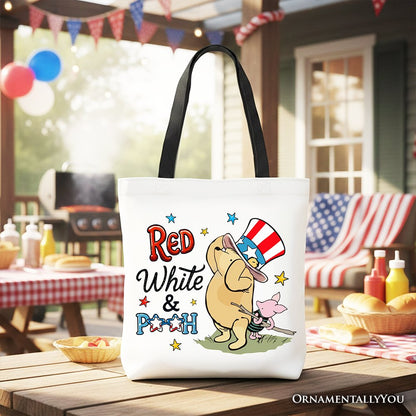 Red White & Proud Winnie-the-Pooh Tote Bag, 1926 A.A. Milne Patriotic 4th of July Gift Shopper