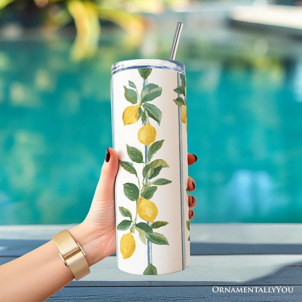 Refreshing Lemon Branches 20oz Personalized Tumbler With Lid and Stainless Steel Straw, Summer Citrus Pattern Gift Cup