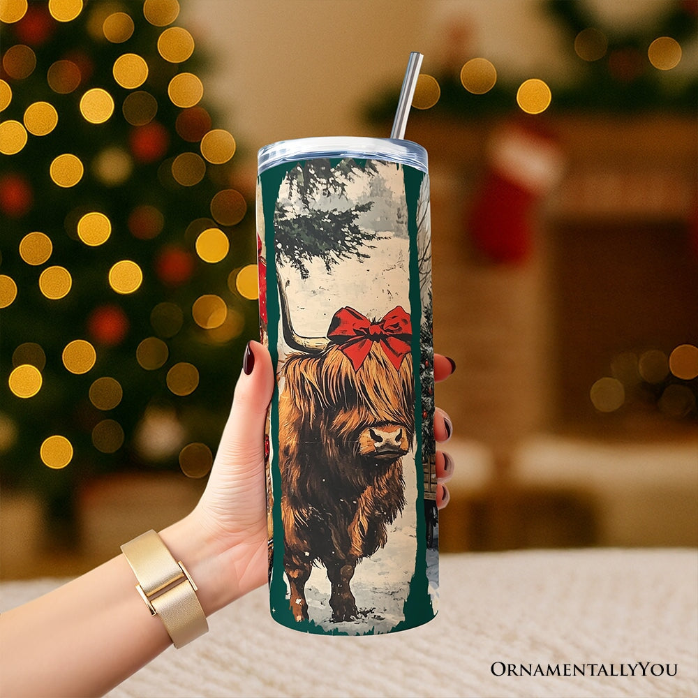 Small Town Christmas 20oz Personalized Tumbler With Lid and Stainless Steel Straw, Highland Cow Rustic Western Cowgirl Gift Cup