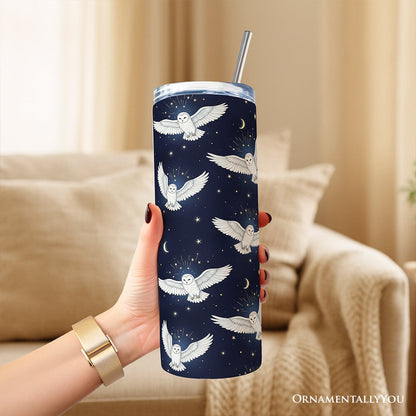 Snowy Owl Under Moon and Stars 20oz Personalized Tumbler With Lid and Stainless Steel Straw, Enchanted Navy Night Sky Gift Cup