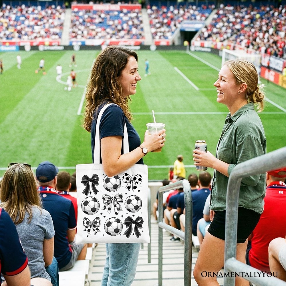 Soccer Balls Coquette Bows Tote Bag, Sports Mom Gift Shopper