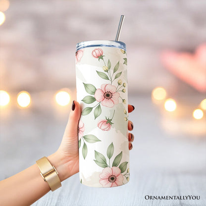 Soft Pink Wildflower 20oz Personalized Tumbler With Lid and Stainless Steel Straw, Elegant Floral Pattern Gift Cup