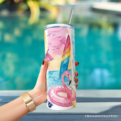 Summer Vibes 20oz Personalized Tumbler With Lid and Stainless Steel Straw, Brushstrokes Vacation Beach Gift Cup