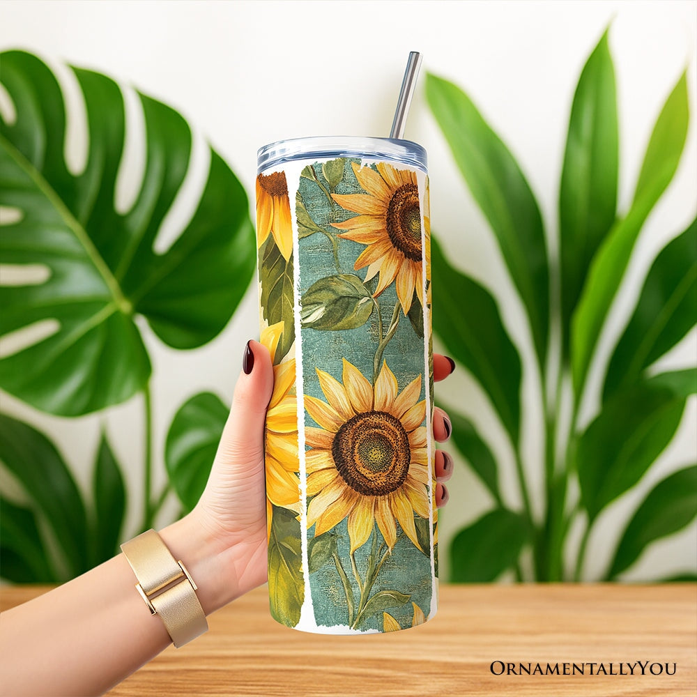 Sunflowers Season 20oz Personalized Tumbler With Lid and Stainless Steel Straw, Brushstrokes Vacation Beach Gift Cup