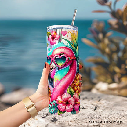Tropical Flamingo Pineapple Hibiscus 20oz Personalized Tumbler With Lid and Stainless Steel Straw, Colorful Summer Bird Gift Cup