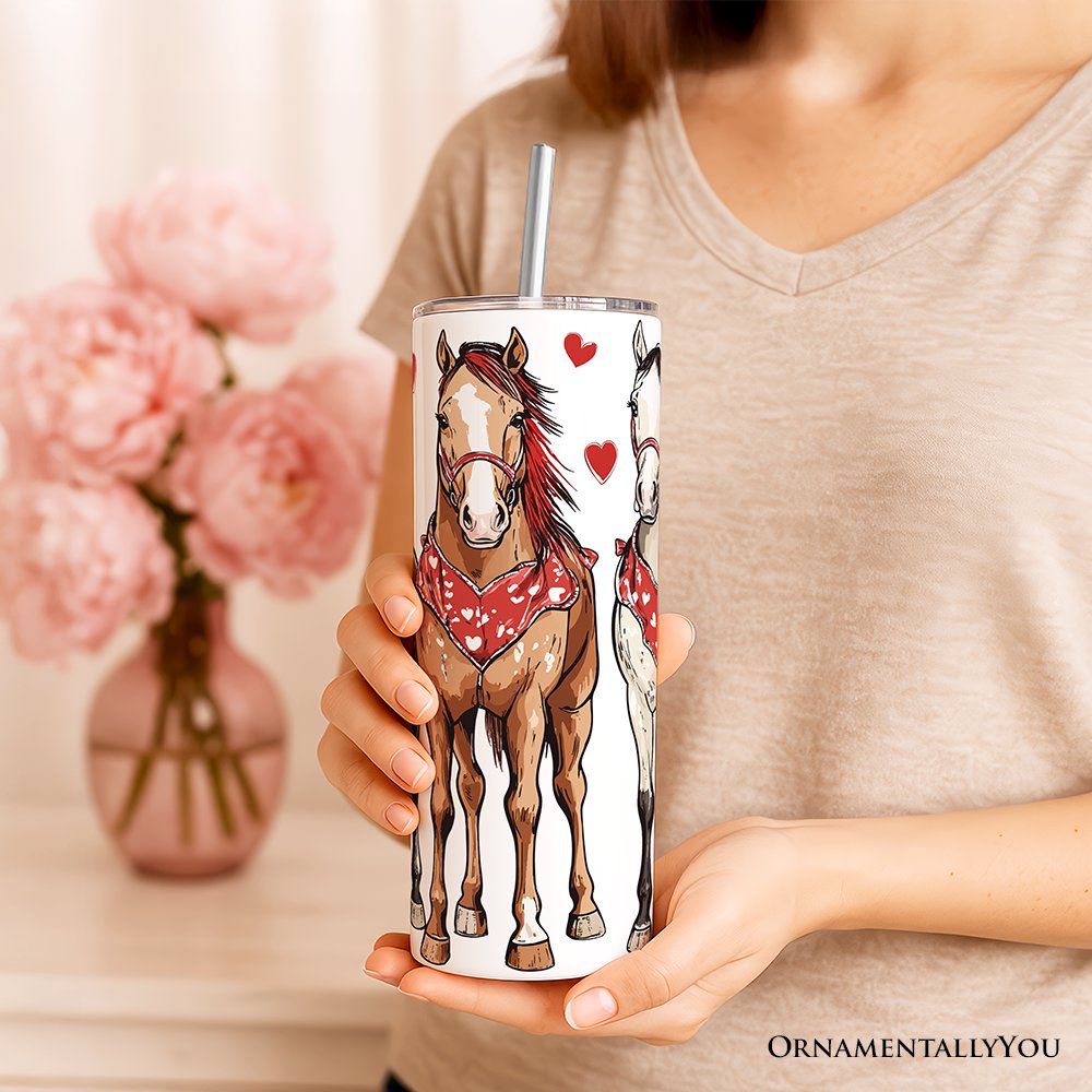 Valentine Horses Western Pattern 20oz Personalized Tumbler With Lid and Stainless Steel Straw, Cute Country Travel Mug Gift