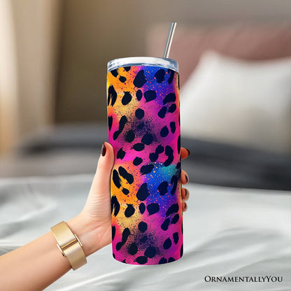 Vibrant Neon Leopard Print 20oz Personalized Tumbler With Lid and Stainless Steel Straw, Retro Rainbow Animal Pattern Gift Cup