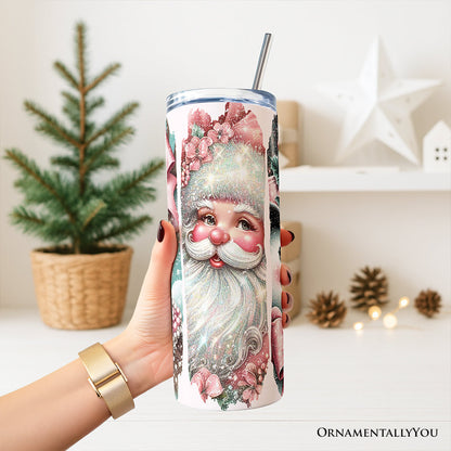 Vintage Tree, Reindeer, Santa and Snowman 20oz Personalized Tumbler With Lid and Stainless Steel Straw, Coquette Pink Christmas Gift Cup