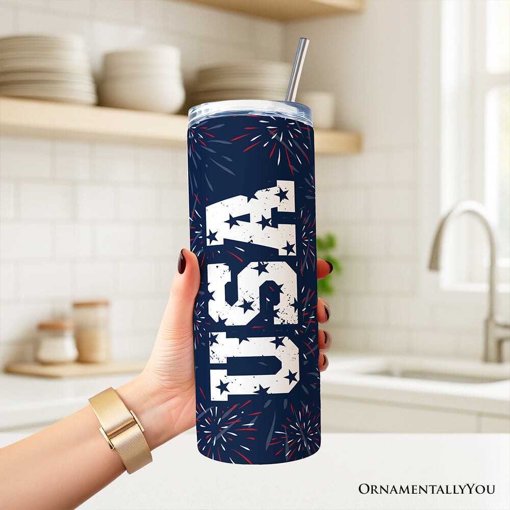 Vintage USA Block Letters 20oz Personalized Tumbler With Lid and Stainless Steel Straw, Patriotic Fireworks for Independence Day Gift Cup