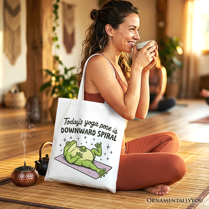 Yoga Frog Downward Spiral Tote Bag, Funny Mental Health Humor Gift Shopper