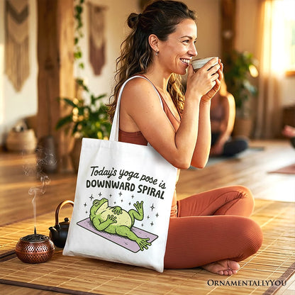 Yoga Frog Downward Spiral Tote Bag, Funny Mental Health Humor Gift Shopper