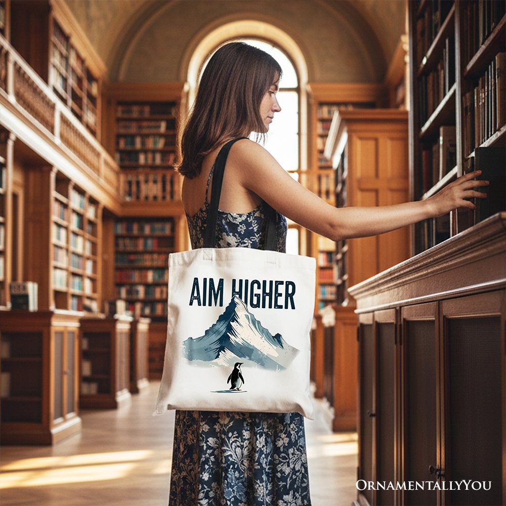 Aim Higher Penguin Tote Bag, Vintage Mountain Motivational Quote Gift Shopper