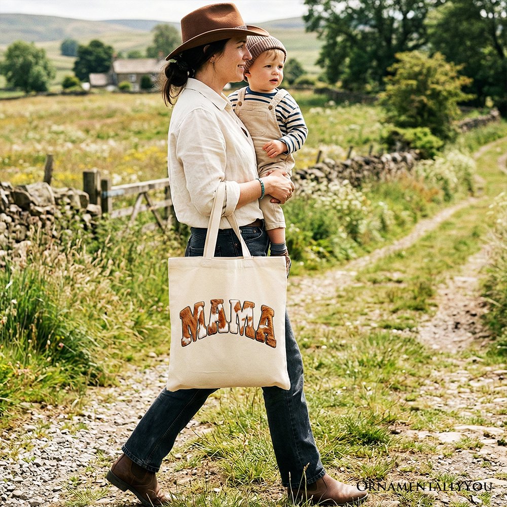 Cow Print Mama Western Tote Bag, Faux Cowhide Mom Gift Shopper