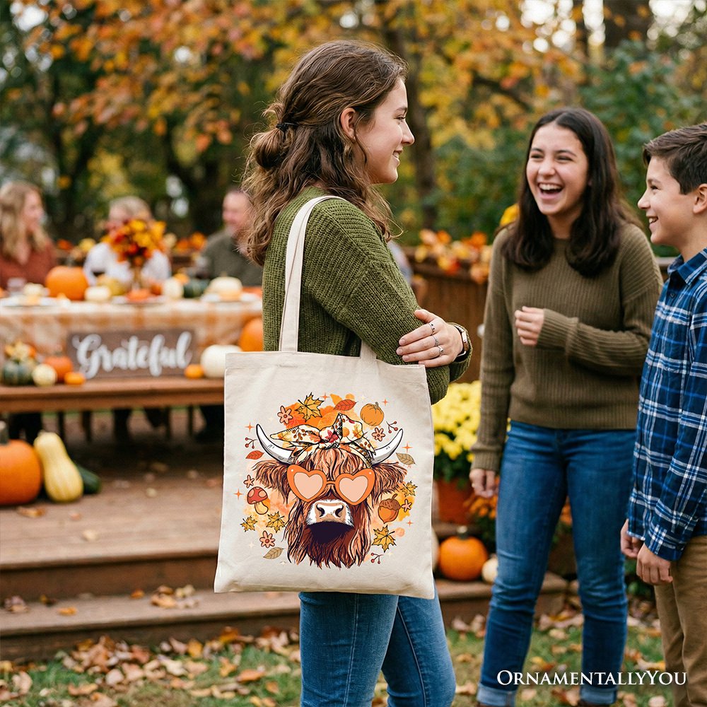 Fall Highland Cow Tote Bag, Messy Bun Howdy Gift Shopper with Autumn Vibes