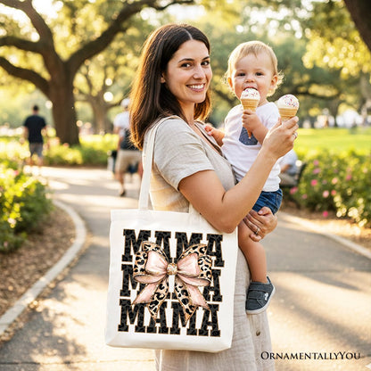 Glitter Leopard Mama Tote Bag, Coquette Bow Gift Shopper for Glam and Trendy Mothers