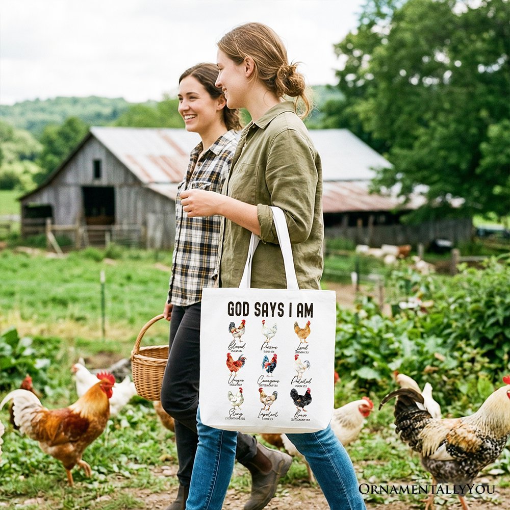 God Says I Am Christian Tote Bag, Rooster and Chicken Gift Shopper for Farm Style Lovers