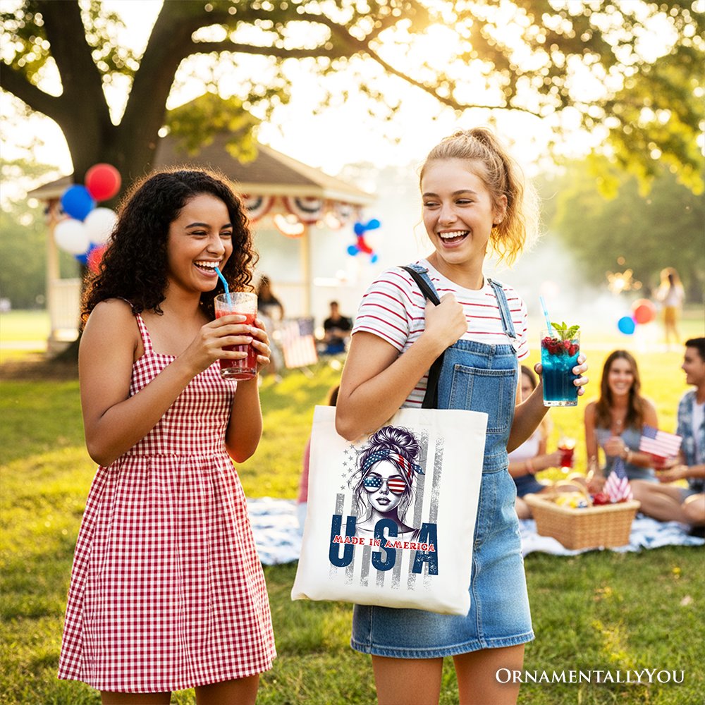 Made in America Messy Bun Tote Bag, Retro 4th of July White Patriotic Gift Shopper