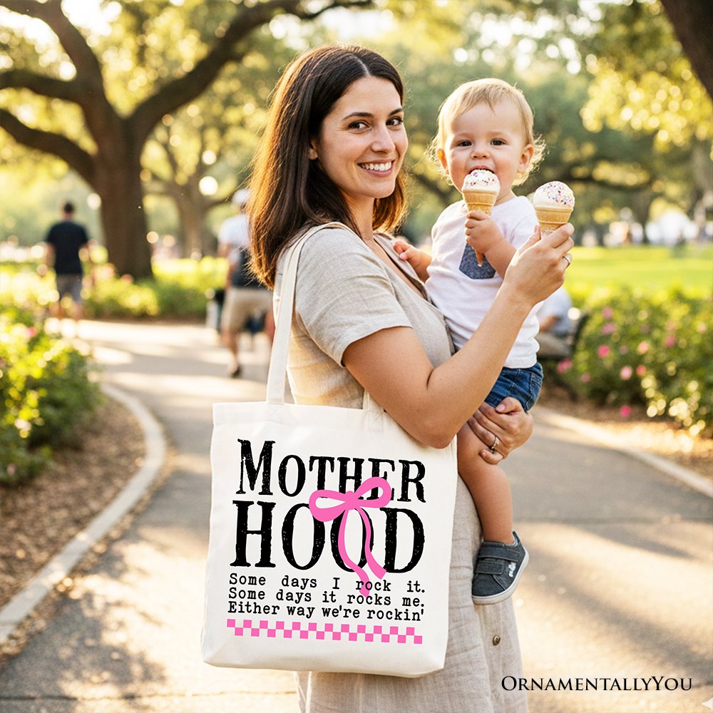 Motherhood Coquette Pink Bow Tote Bag, Retro Checkered Gift Shopper