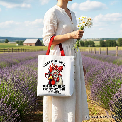 Pecking Chicken Tote Bag, Red Glasses and Bow White Gift Shopper for Sassy Women