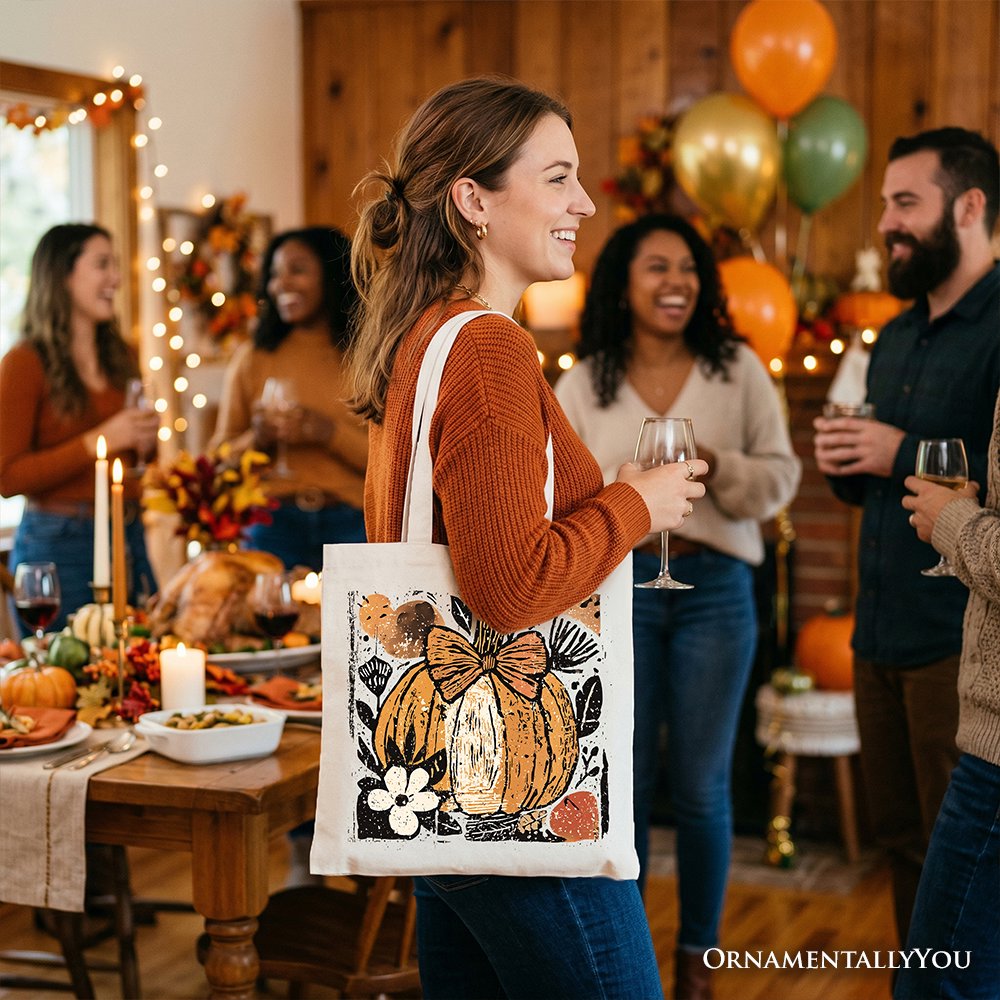Pumpkin Fall Floral Tote Bag, Thanksgiving Coquette Bow Gift Shopper