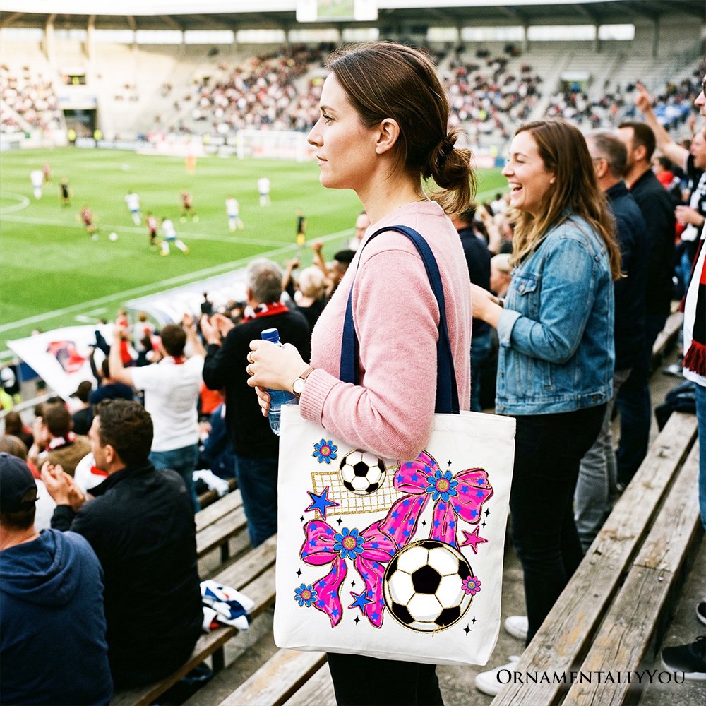 Soccer Coquette Pink Bow Tote Bag, Preppy Game Day Gift Shopper