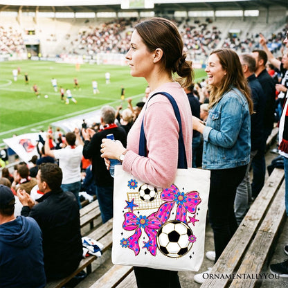 Soccer Coquette Pink Bow Tote Bag, Preppy Game Day Gift Shopper