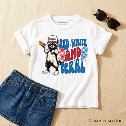 Kids Red, White & Feral Raccoon T-Shirt, Wild Youth Patriot American Tee