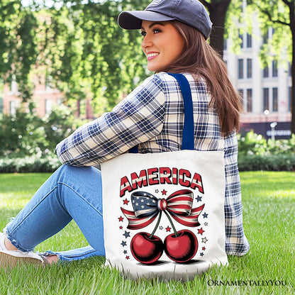 America Coquette Cherries Tote Bag, Patriotic 4th of July Gift Shopper