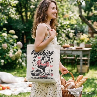 Baking Because Murder Is Wrong Anti-Valentine Tote Bag, Funny Retro Kitchen Gift Shopper