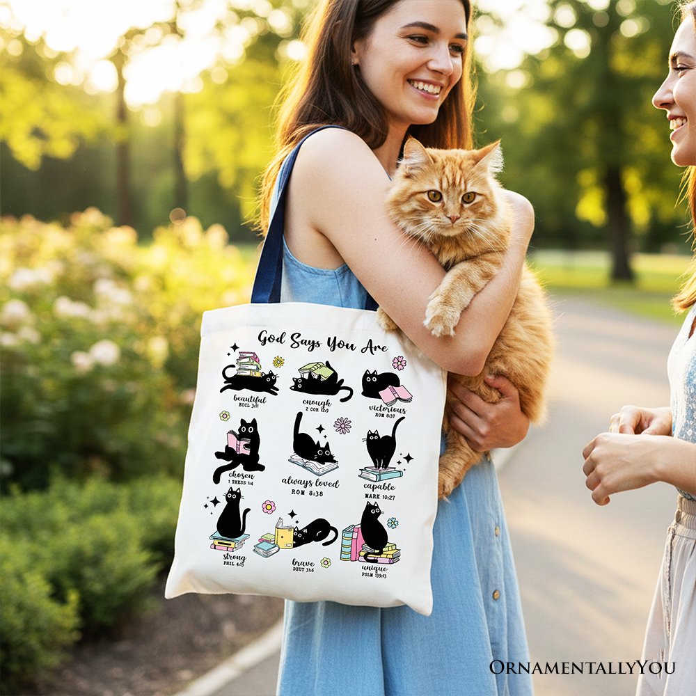 Book Cat God Says I Am Tote Bag, Christian Bible Verse Faith Gift Shopper