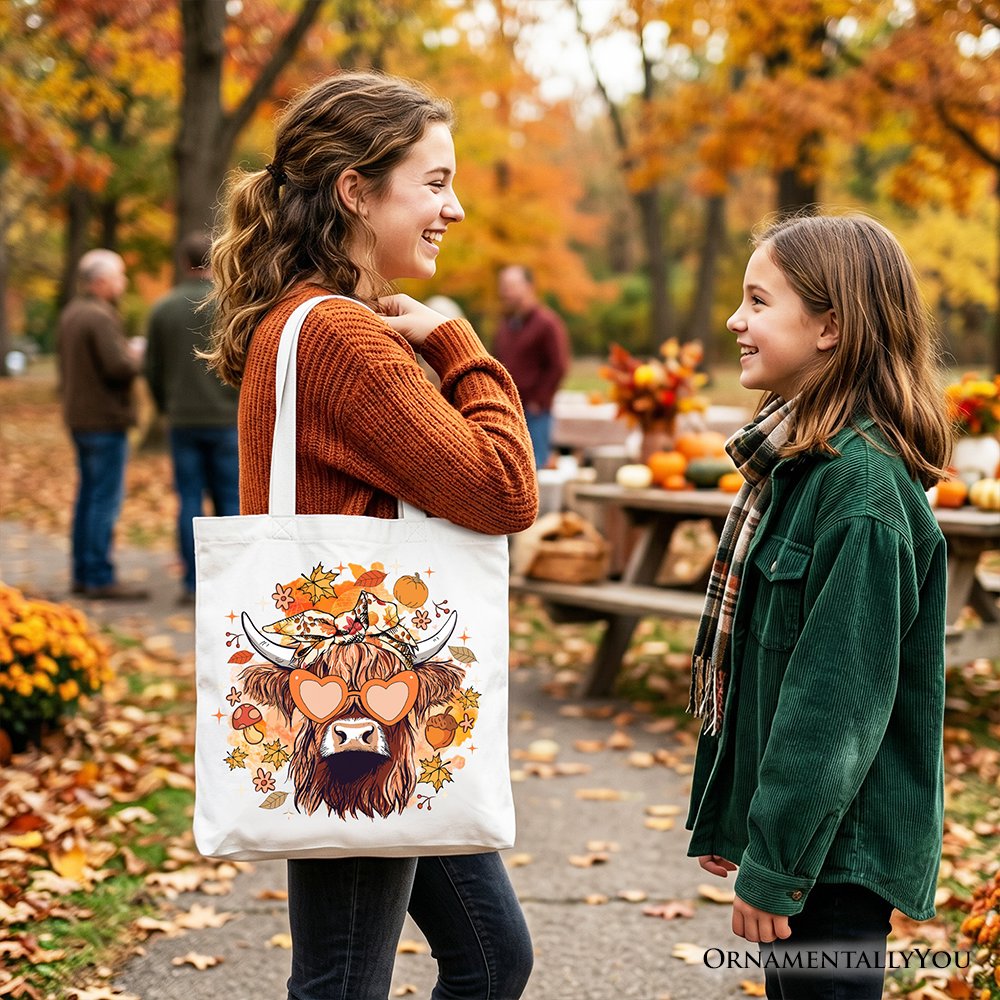 Fall Highland Cow Tote Bag, Messy Bun Howdy Gift Shopper with Autumn Vibes