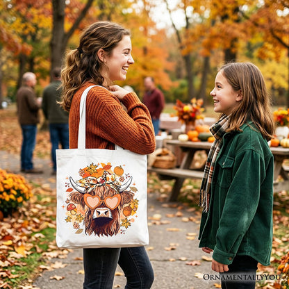 Fall Highland Cow Tote Bag, Messy Bun Howdy Gift Shopper with Autumn Vibes