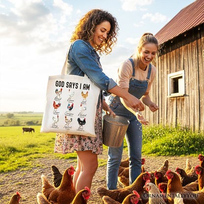 God Says I Am Christian Tote Bag, Rooster and Chicken Gift Shopper for Farm Style Lovers