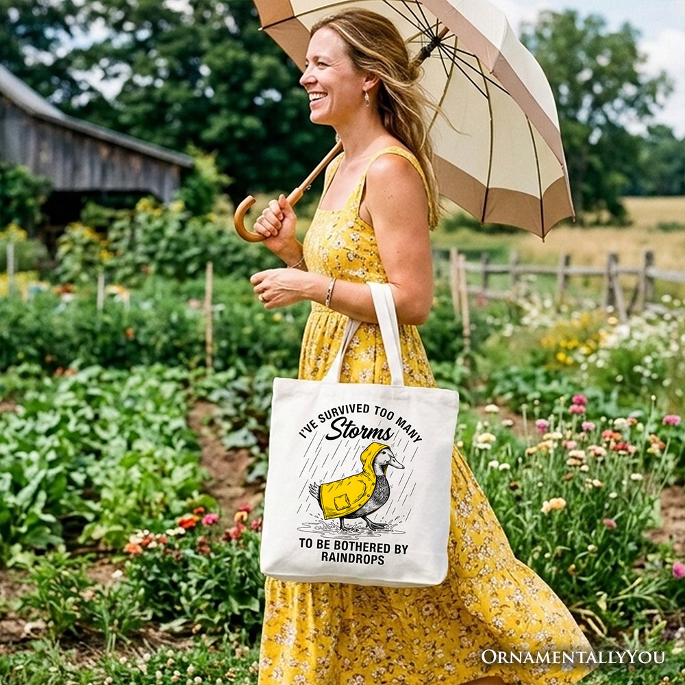 Goose Motivational Tote Bag, Survived Too Many Storms Funny Quote Gift Shopper