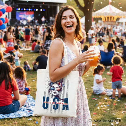 Made in America Messy Bun Tote Bag, Retro 4th of July White Patriotic Gift Shopper