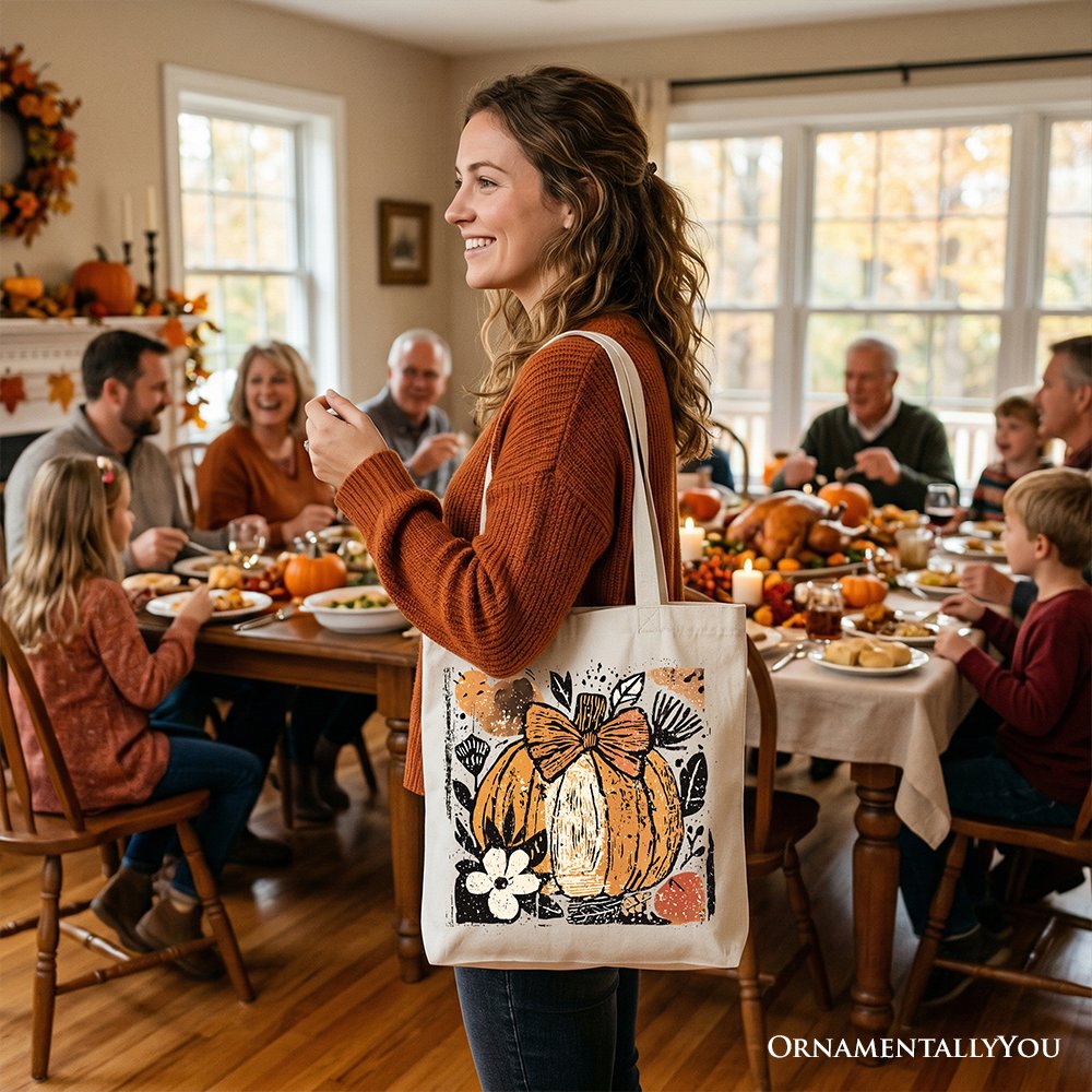 Pumpkin Fall Floral Tote Bag, Thanksgiving Coquette Bow Gift Shopper